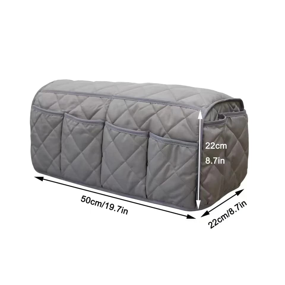 Organizador de braço de sofá cinza com 5 bolsos, dimensões 50x22x22 cm, material acolchoado