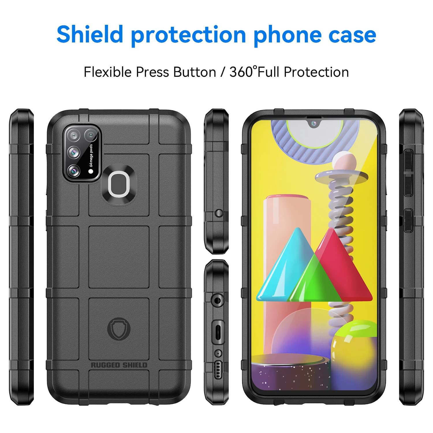Capa de telefone preta com design de escudo, proteção 360°, silicone macio, botões flexíveis.