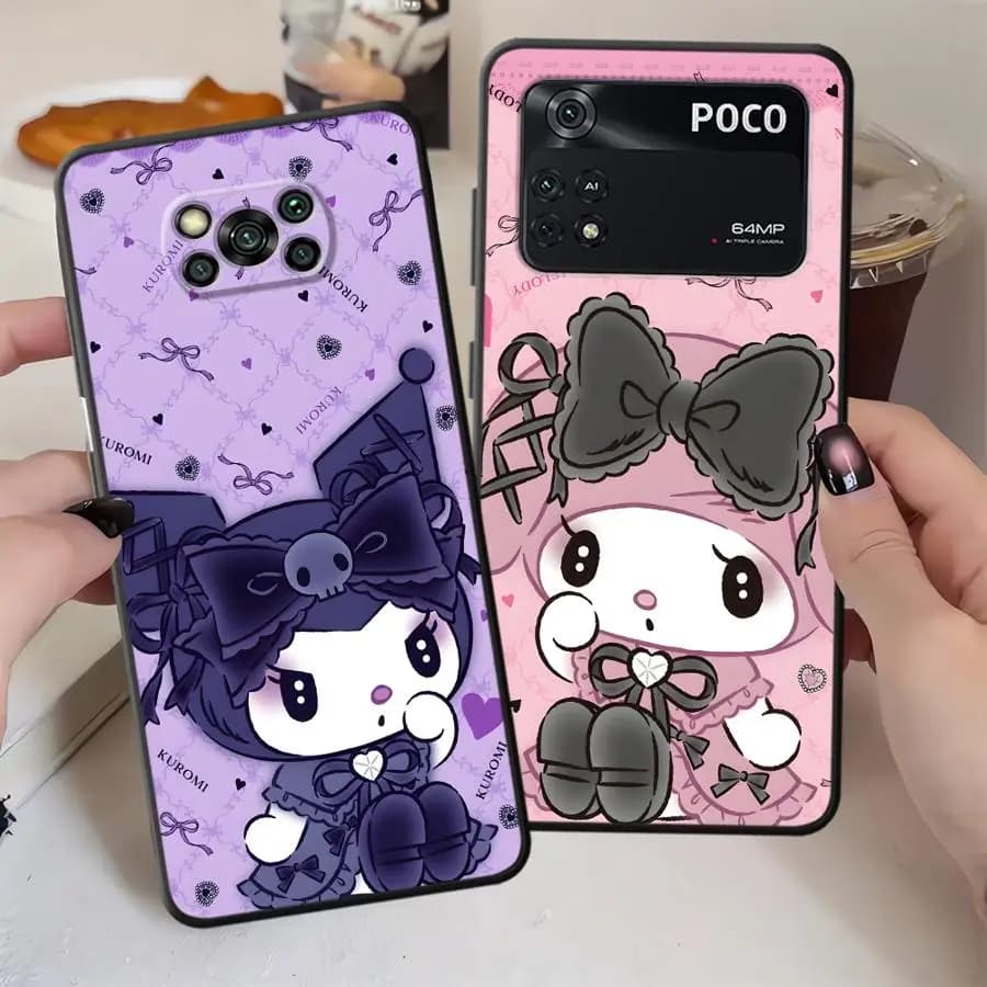 Capa de telefone Xiaomi Poco com design de personagens SanrioS Cute KuromiS, rosa e roxa