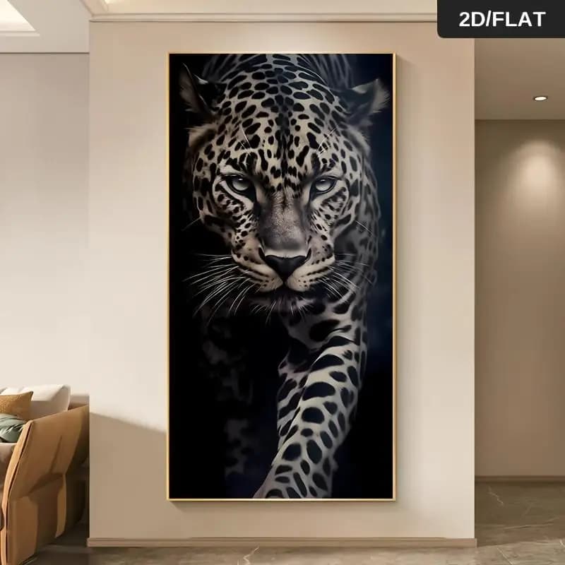 Uma tela de arte abstrata moderna com estampa de jaguar - um design de jaguar em azul e preto vibrantes, uma impressão plana 2D de alta qualidade sem moldura.