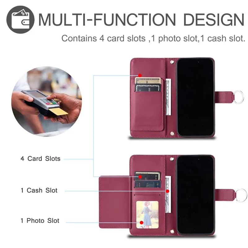 Capa para Xiaomi 13T com compartimentos para 4 cartões, 1 foto e dinheiro em couro sintético rosa