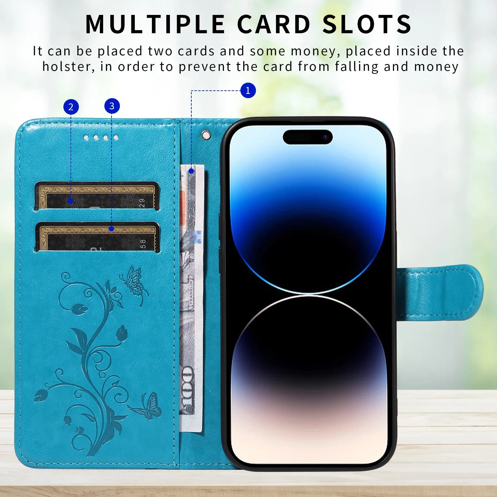 Capa carteira azul com múltiplos slots para cartões e compartimento para dinheiro Xiaomi Redmi K90 Pro Max 5G