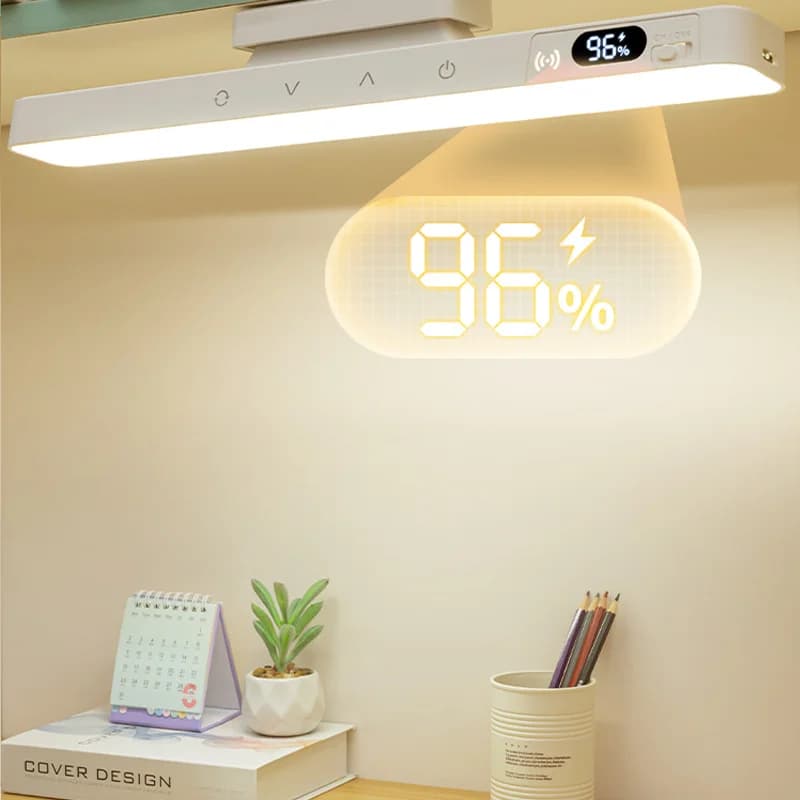 Luminária de mesa touch magnética com bateria recarregável, mostrando 96% na tela digital.