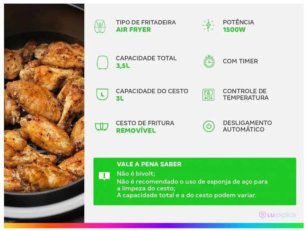 Fritadeira elétrica sem óleo Family-3.5L, preta, com controle de temperatura e tempo