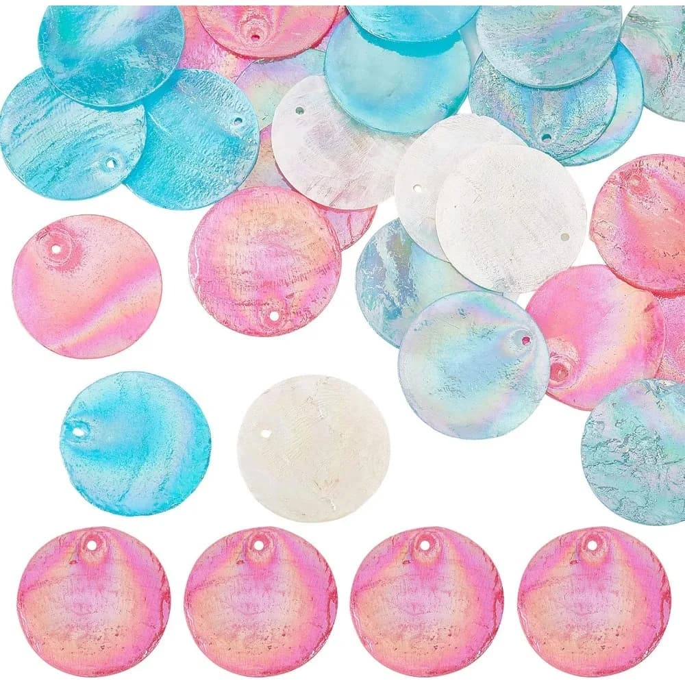 1 caixa 40 pçs encantos de concha charme capiz conchas fatias ab cor encantos 25mm plana redonda azul rosa mar concha verão oceano