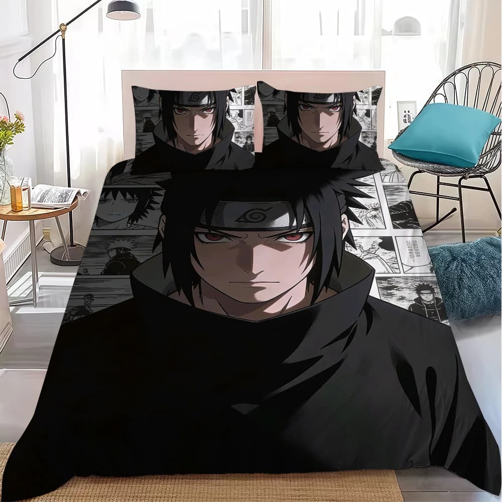Conjunto capa de edredom branco anime Naruto com estampa do personagem Sasuke em algodão macio 3 peças