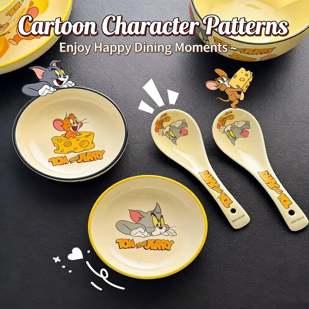 Novos Pratos de Porcelana Tom e Jerry para Estudantes, Pratos Redondos de Desenho Animado para Cereais e Frutas, Louça Especial Infantil para Casa