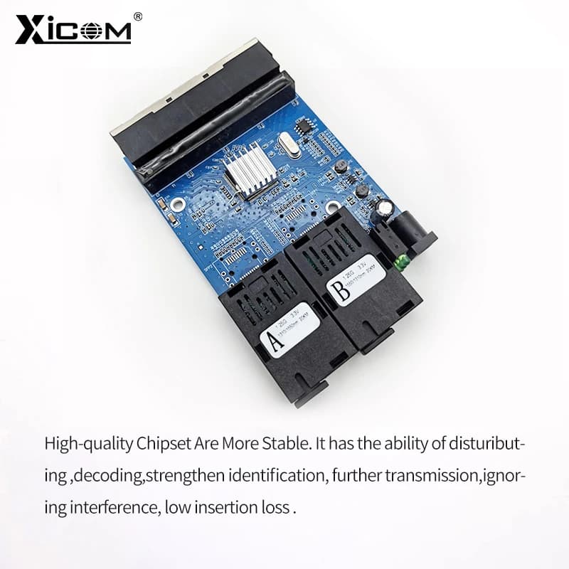 Interruptor de fibra óptica gigabit 1.25G com placa PCBA azul e componentes claramente marcados.
