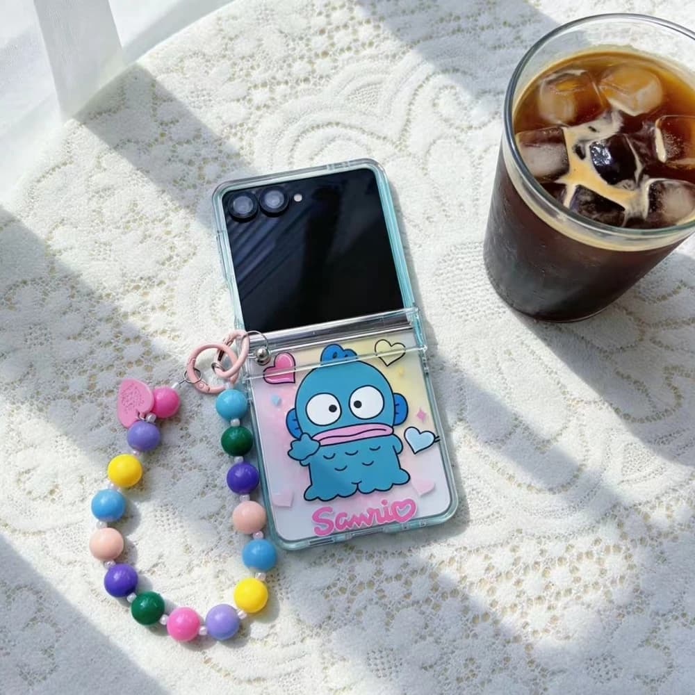 Capa transparente Sanrio Hangyodon para Samsung Galaxy Z Flip com cordão colorido de bolinhas