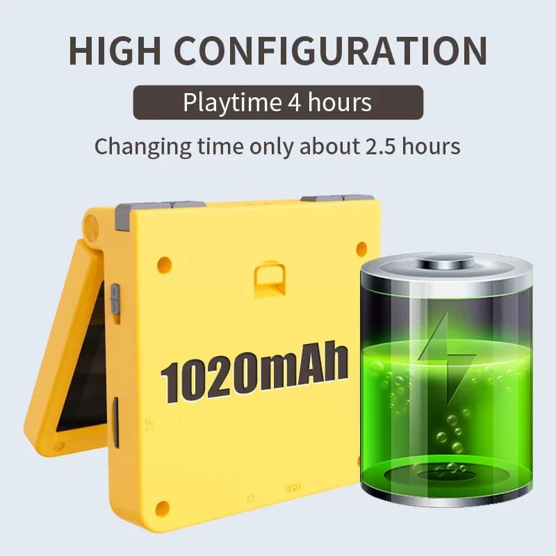 Console portátil Powkiddy V90 amarelo com bateria de 1020mAh e 4 horas de jogo contínuo