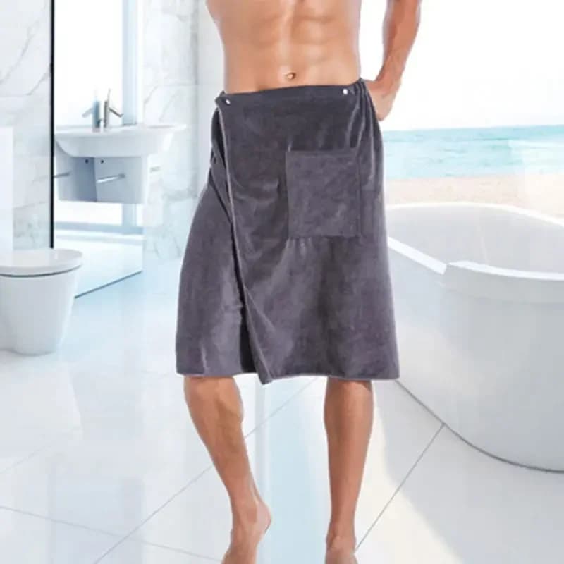 Toalha de banho masculina cinza em microfibra com bolso lateral