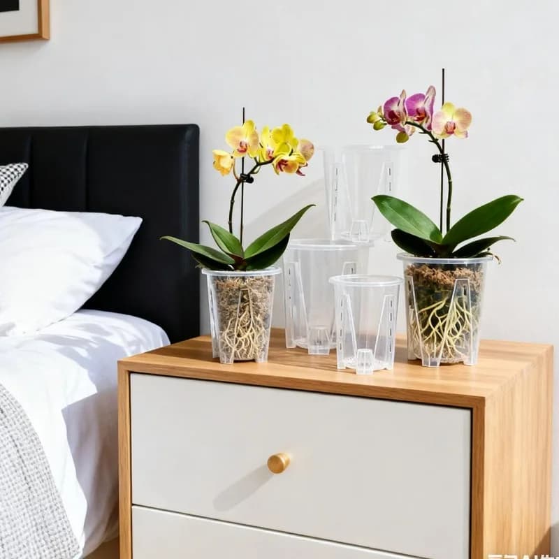 Conjunto de vasos transparentes para plantas SML XL com orquídeas, controle de raízes, em mesa ao lado de cama