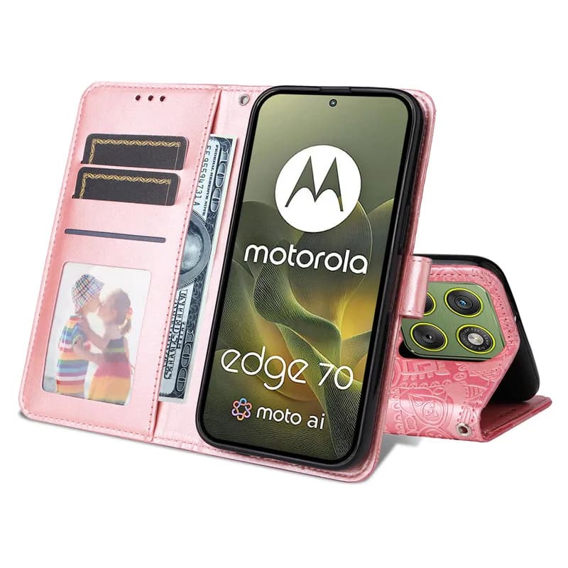 Capa carteira rosa para Motorola Moto G06 com porta-cartões e suporte para fotos e dinheiro