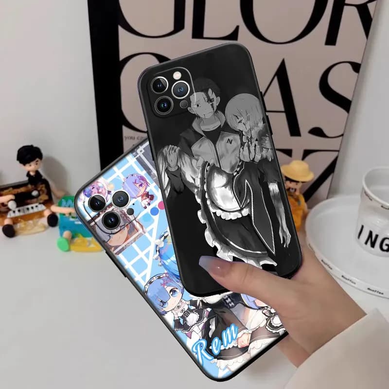 Capas para Xiaomi Poco com ilustrações anime Re:Zero Ram Rem em preto e azul com detalhes delicados