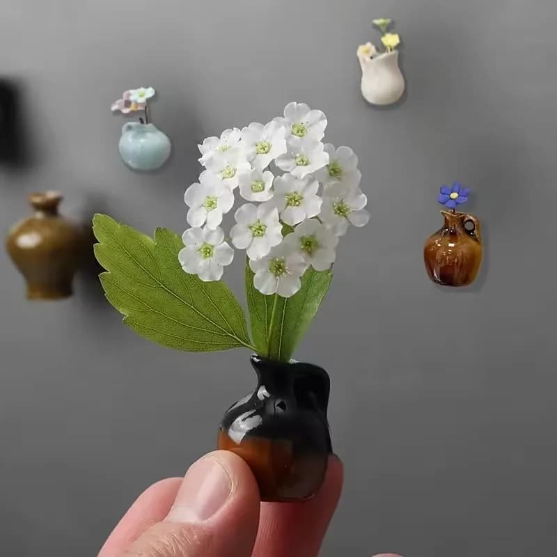 Conjunto de 6 mini vasos magnéticos de resina em formato de flor com flores artificiais, decoração criativa para geladeira