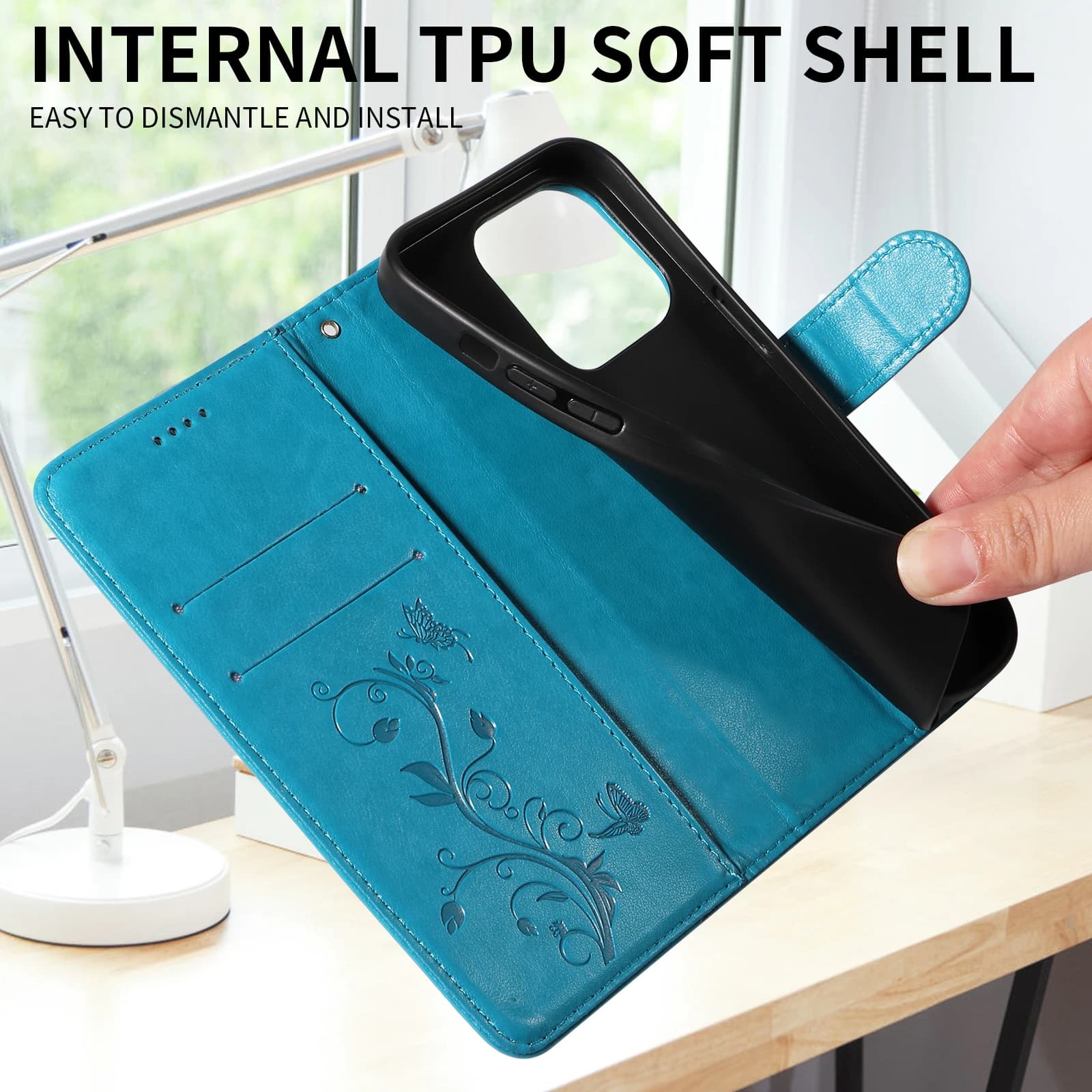 Interior da capa carteira azul com shell TPU flexível para Xiaomi Redmi K90 Pro Max 5G fácil de instalar