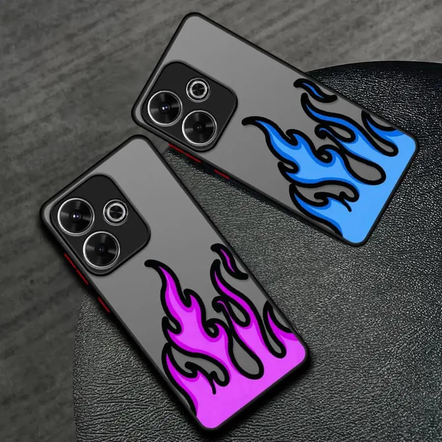 Duas capas para Xiaomi Redmi Note 15 cinza escuro com chamas roxas e azuis proteção antirrisco