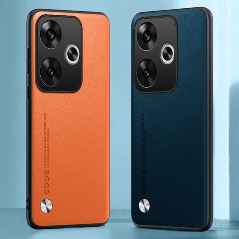 Capas de couro PU laranja e azul para Xiaomi Poco F6 5G com design elegante e proteção reforçada