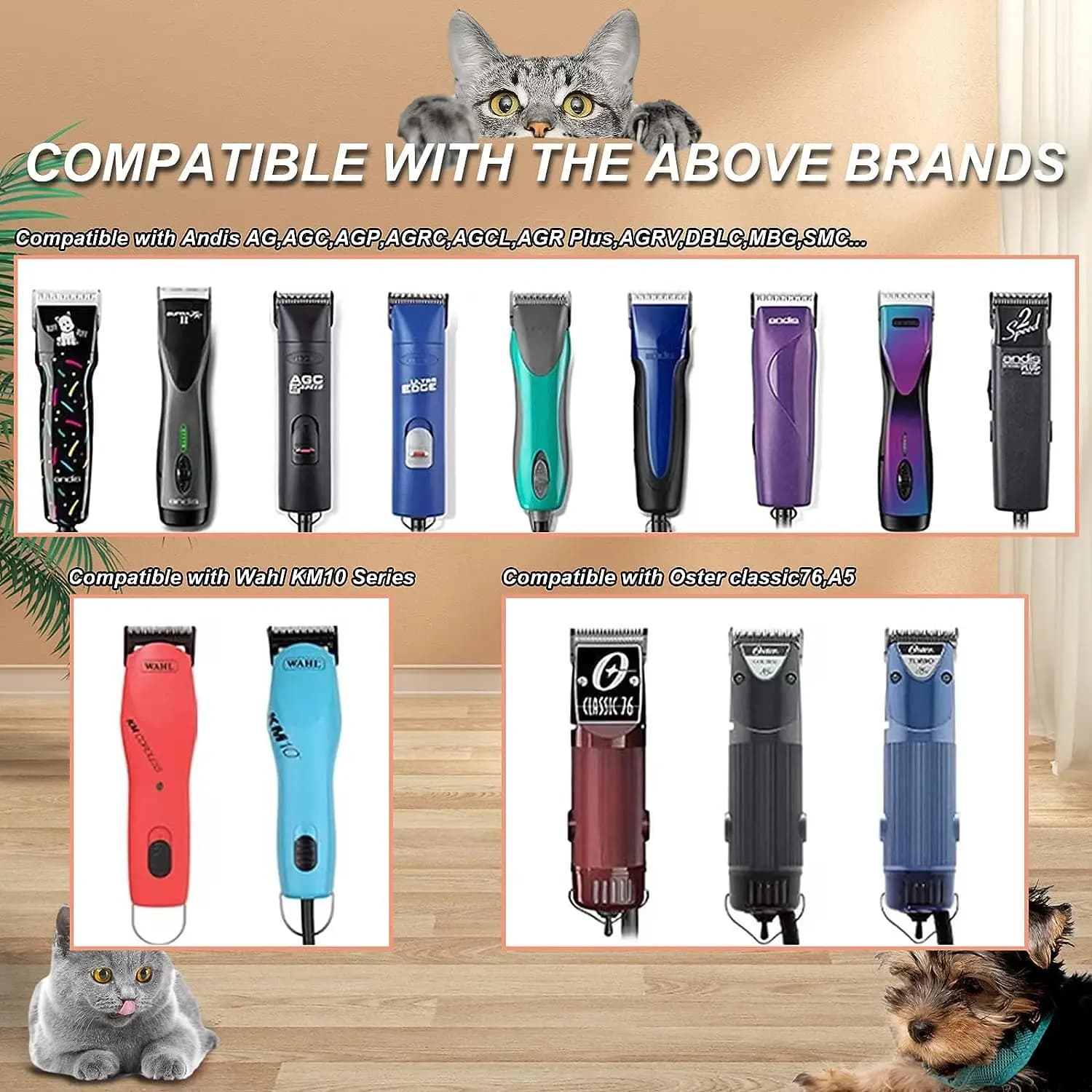 Compatibilidade das lâminas de tosa para cães com máquinas Andis, Wahl e Oster em diferentes modelos