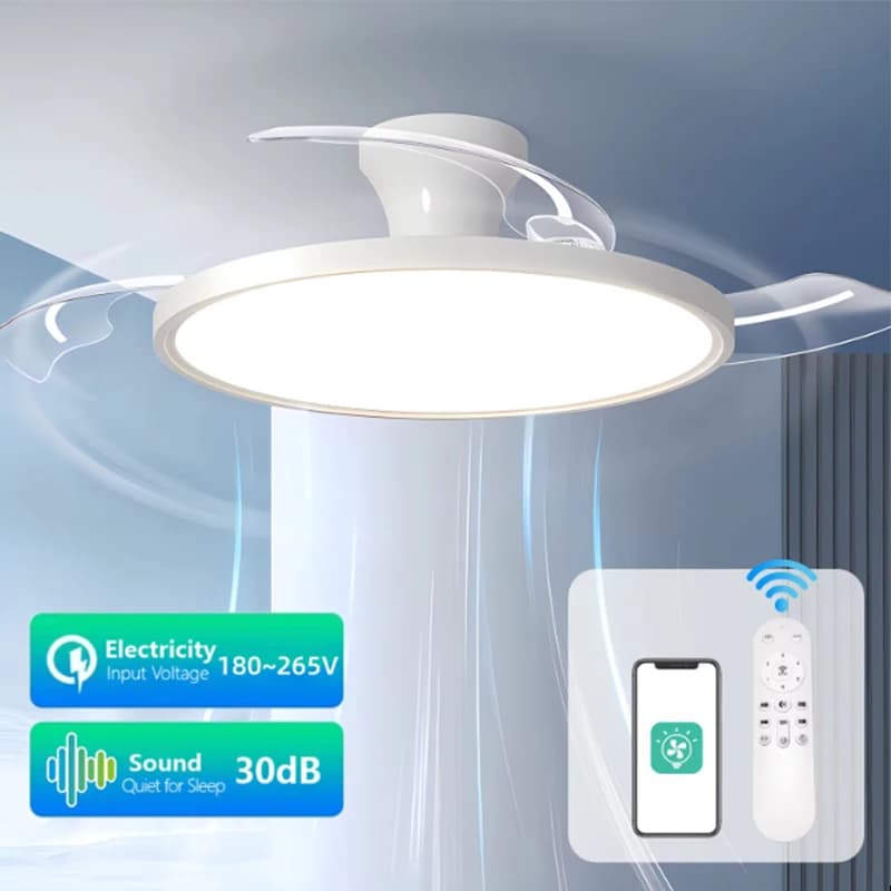 Ventilador de teto branco com lâminas invisíveis e luz LED, controle remoto e app para smartphone