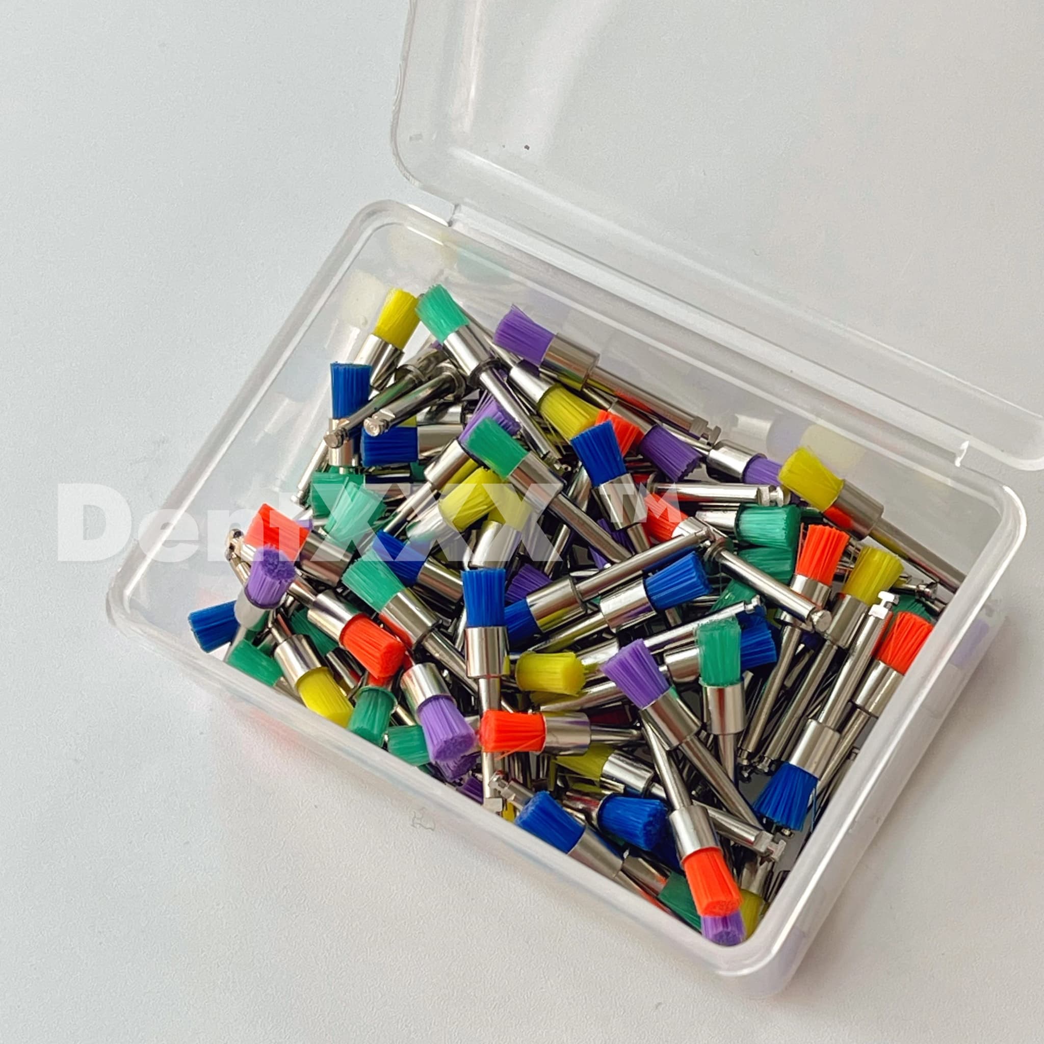Escova de polimento profissional com cerdas de nylon coloridas, haste metálica 2,35 mm em caixa transparente