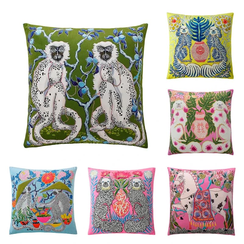 Conjunto de 6 capas de almofada com estampas animais estilo chinês coloridas em poliéster macio