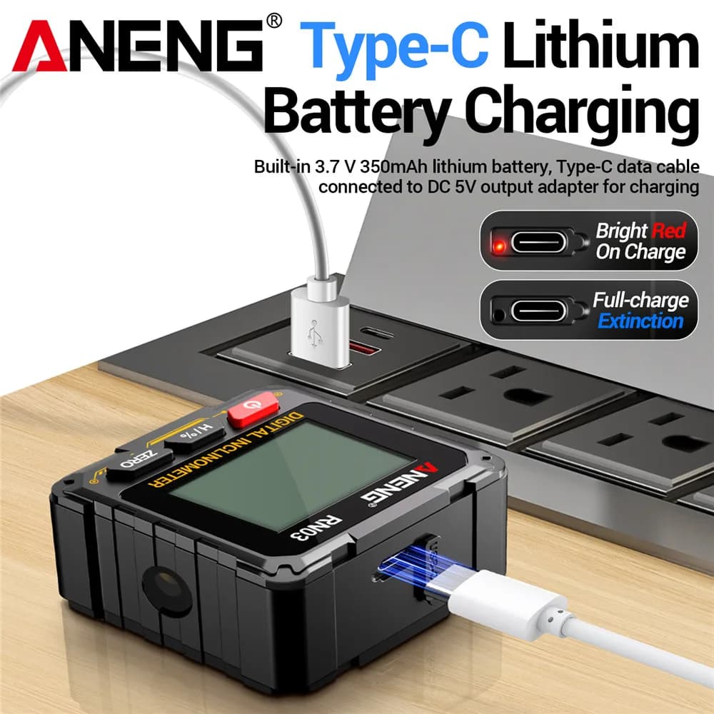 Localizador de ângulo digital magnético aneng rn03 inclinômetro laser recarregável usb transferidor nível ângulo régua medição de ângulo