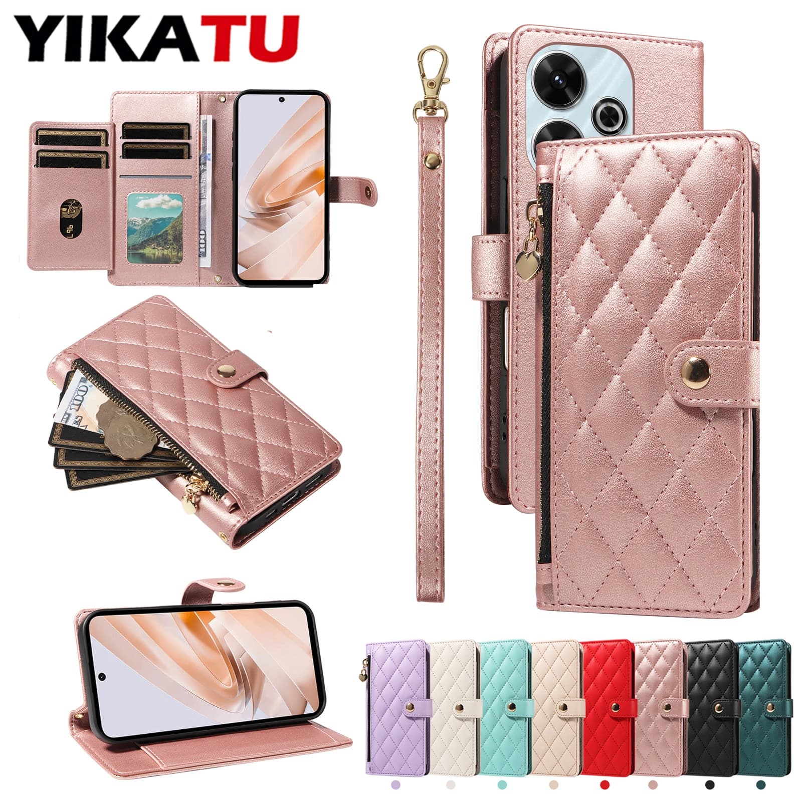 Capa de couro rosa para celular Xiaomi com design de carteira, múltiplos compartimentos e zíper dourado