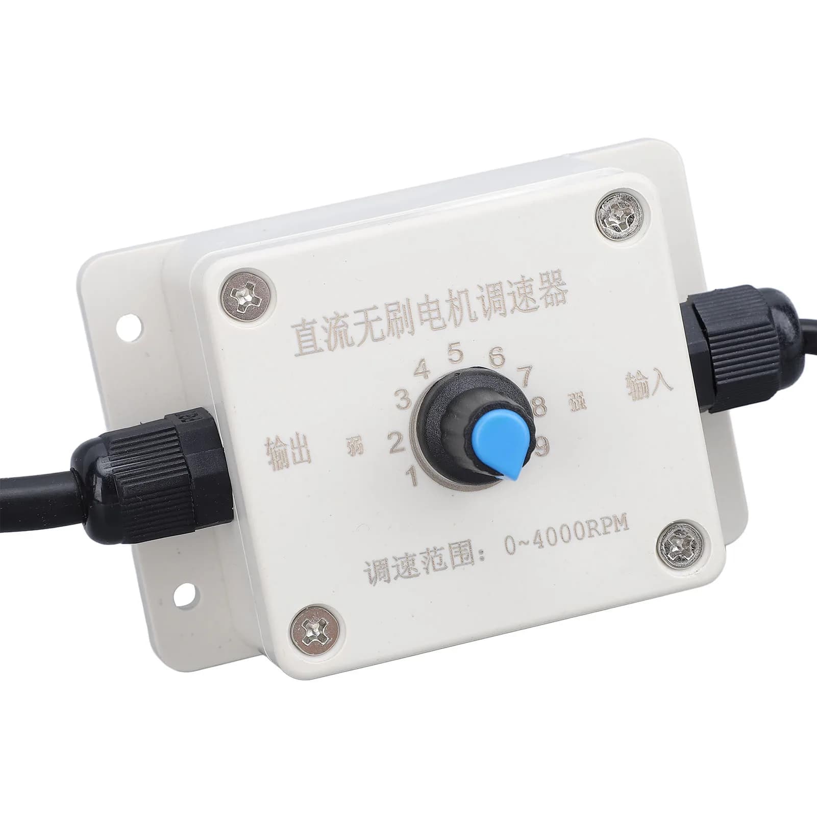 Controlador branco para motor de vibração sem escova com botão azul e marcações de velocidade 0 a 4000 RPM