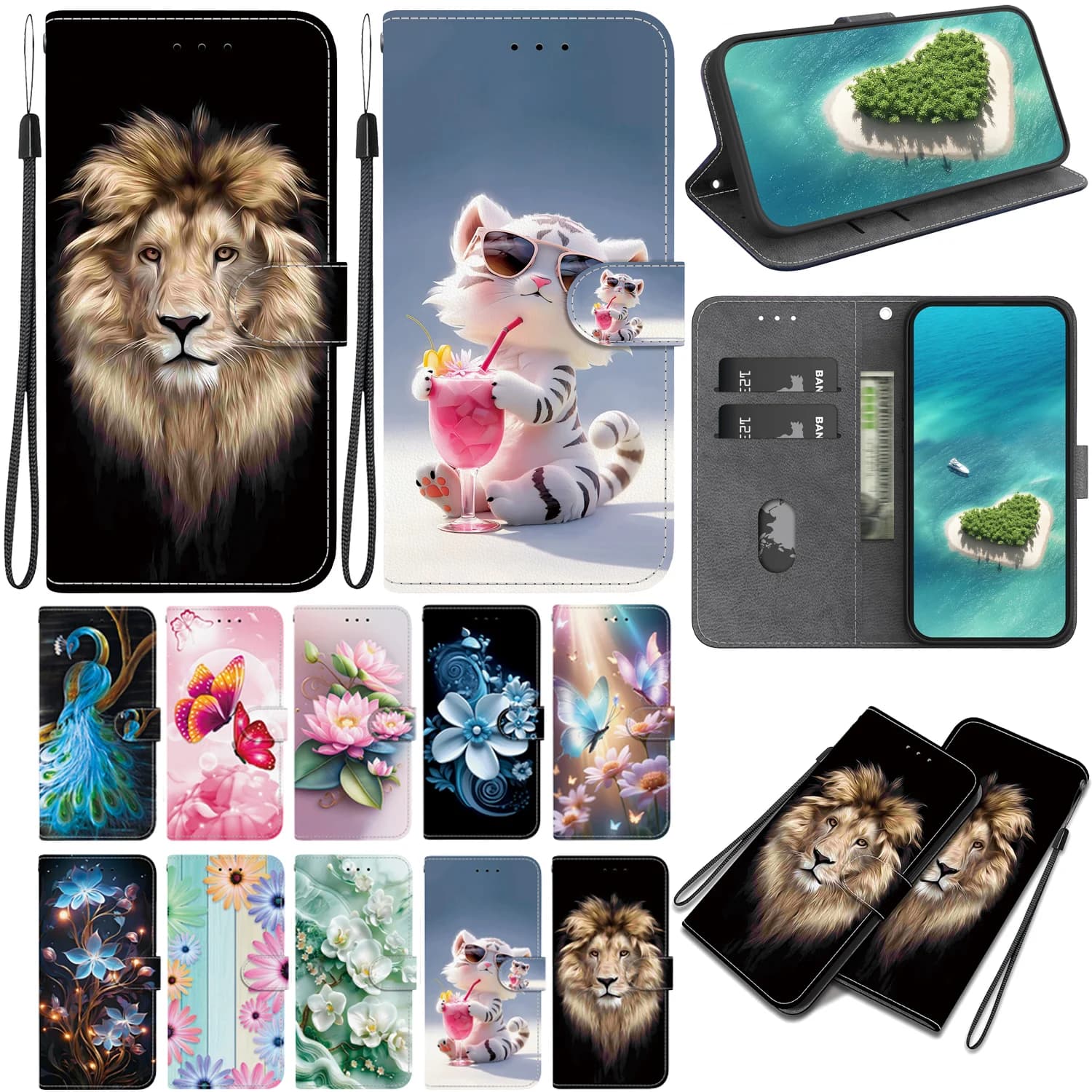 Capas flip carteira para Xiaomi Redmi com designs variados, incluindo leões, gatinhas e elementos naturais.