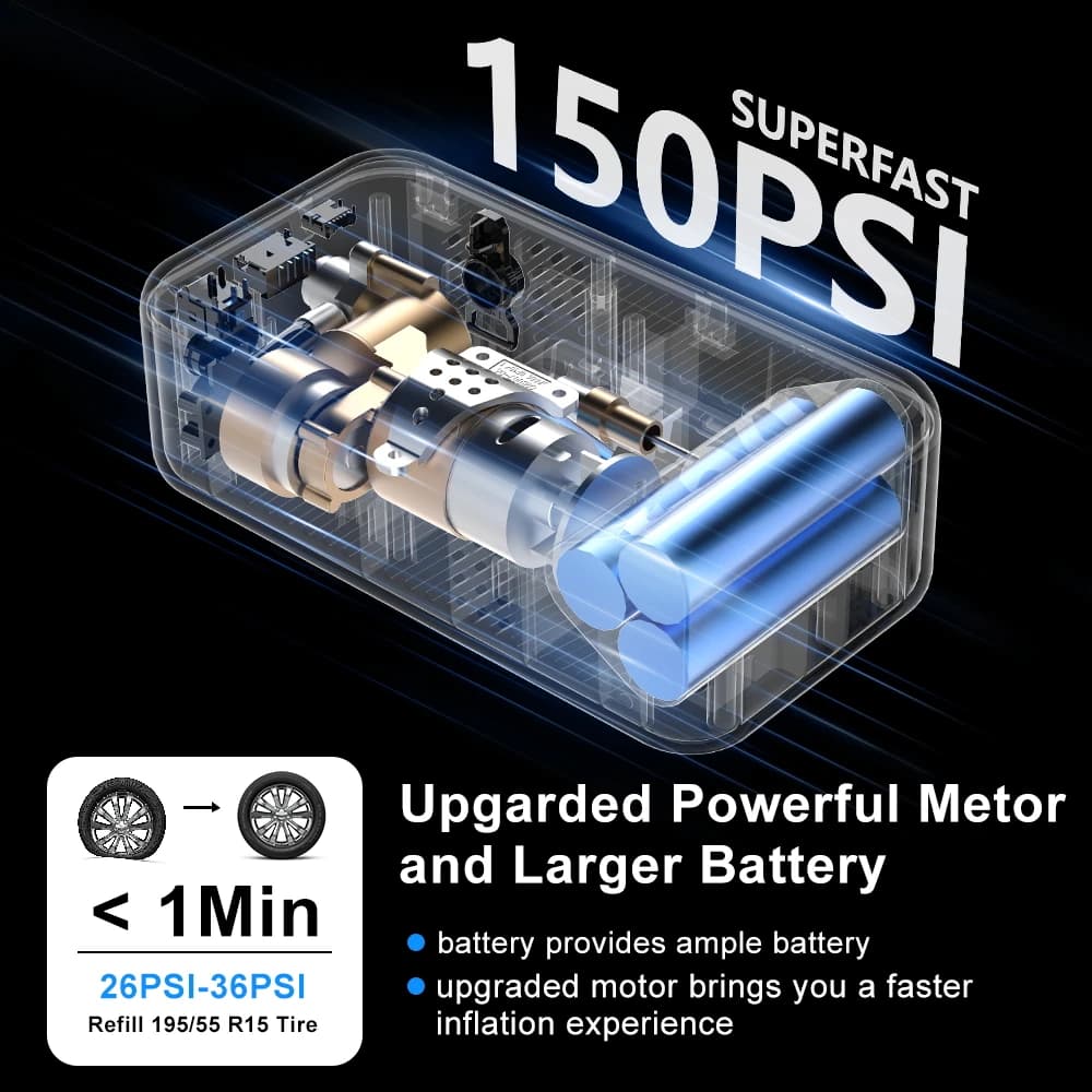 Inflador de pneus elétrico portátil com tela de toque, preto, cabo USB, estojo e acessórios para válvulas
