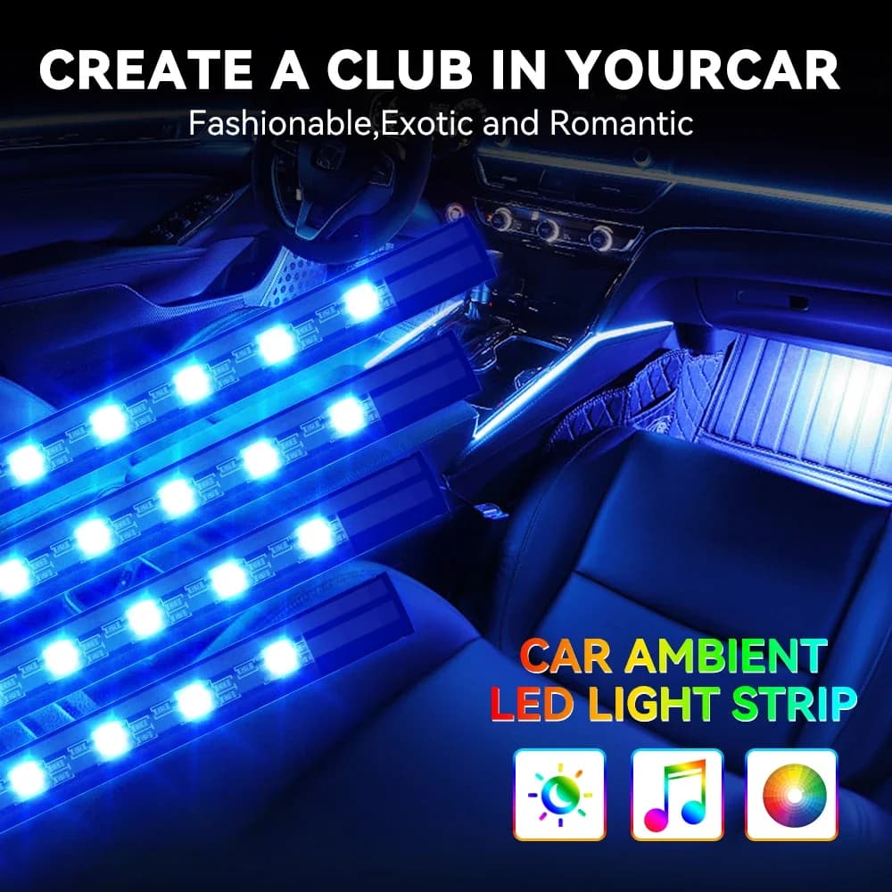 Luz ambiente automotiva LED azul neon 4 em 1 instalada no interior do carro com iluminação USB