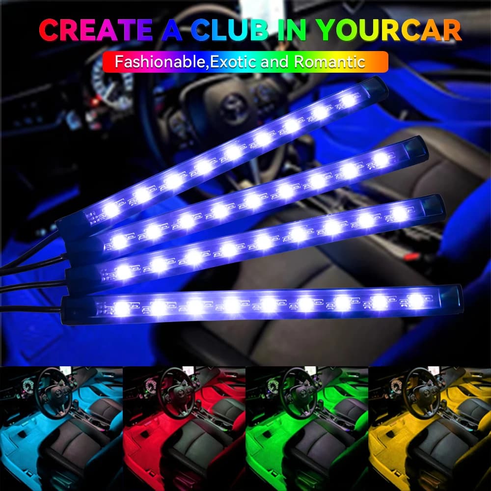 Iluminação LED neon azul para carro com texto 'CREATE A CLUB IN YOUR CAR'.