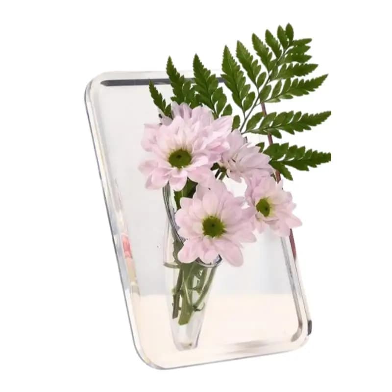 Vaso decorativo acrílico transparente elegante com flores rosas e folhas verdes para decoração de casa