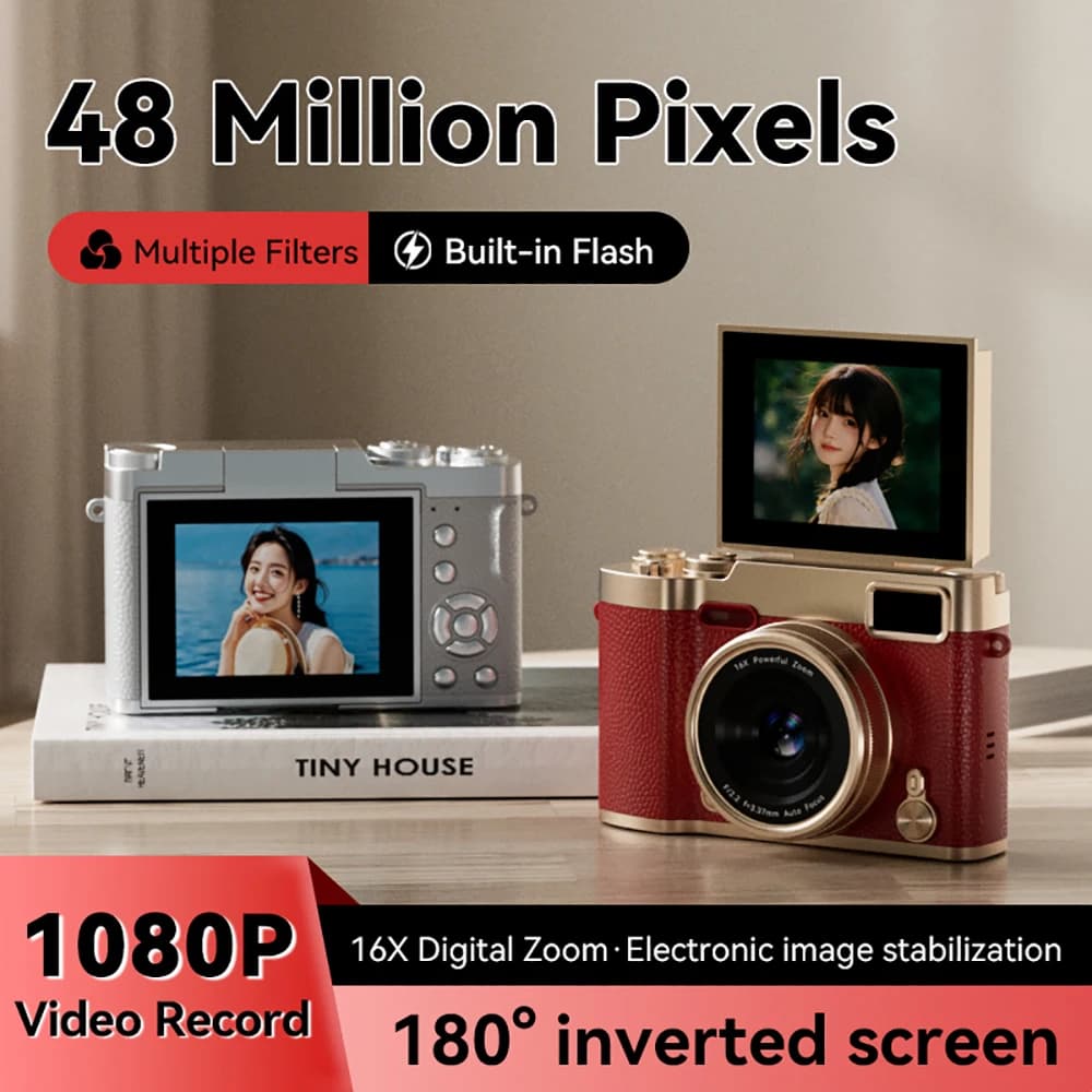 Câmera Digital HD 1080P com Filtros de Beleza, Zoom 16X, Câmera CCD de 48MP com Flash Embutido 180 °   Câmera de Selfie com Tela Flip para Crianças e Adultos, Presentes