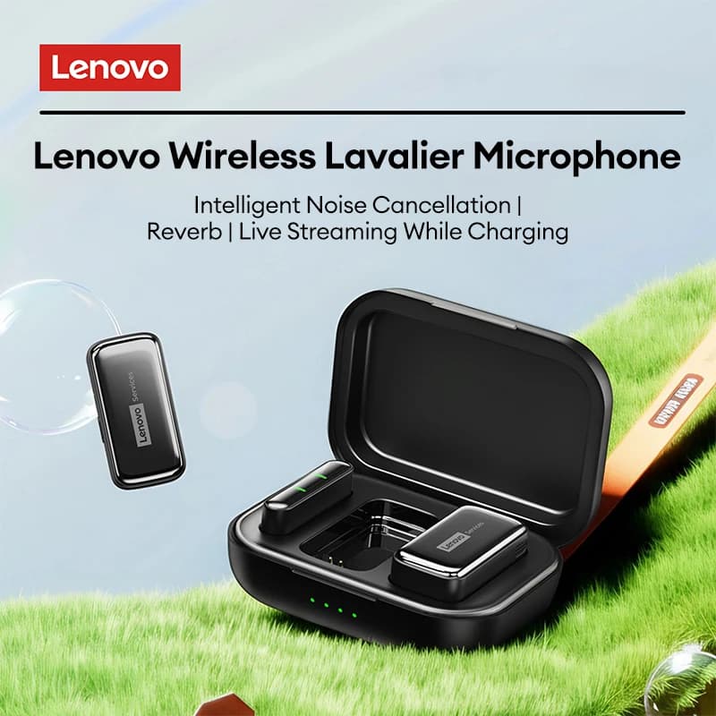 Microfone lavalier sem fio Lenovo MK103 em fundo verde