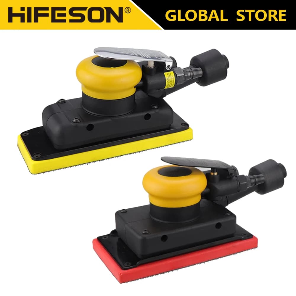 Lixadeira orbital Hifeson 98a, vista frontal e lateral, com base retangular e acessório de polimento amarelo e vermelho.