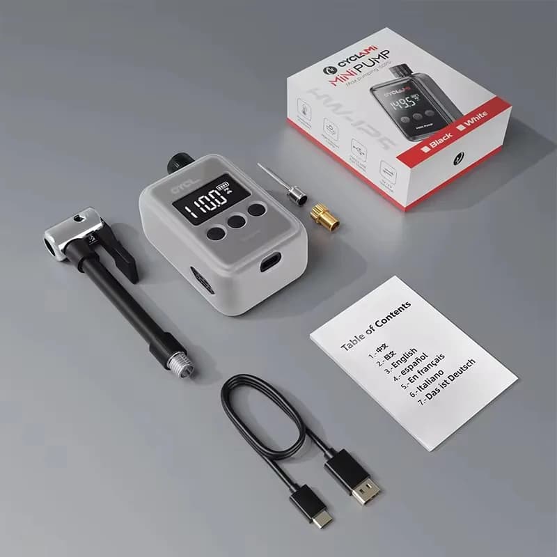 Bomba de ar elétrica Cyclami branca com acessórios, cabo USB e manual na embalagem