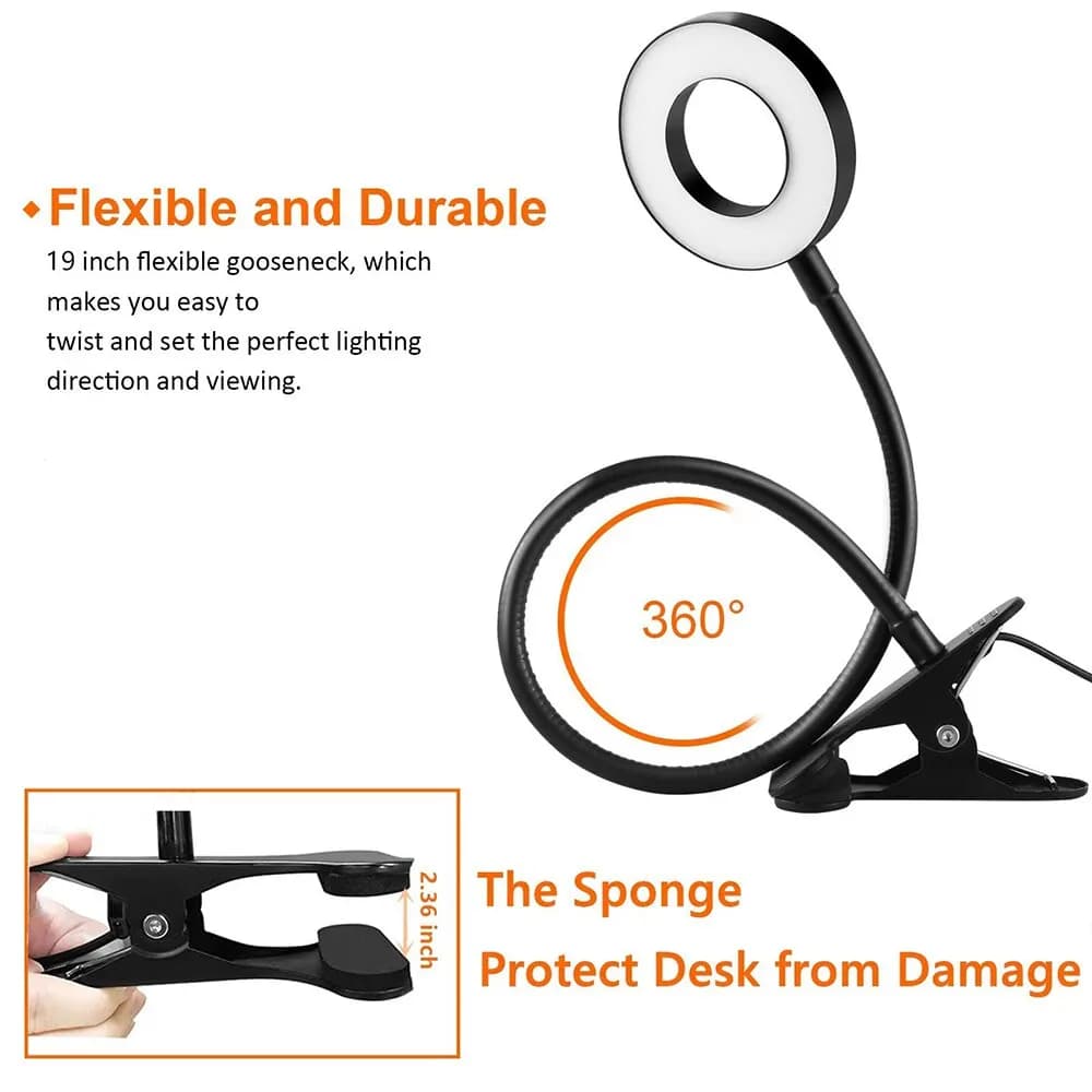 Luminária de mesa LED Jácotei preta com 48 LEDs, braço flexível 360° e clip com proteção de esponja