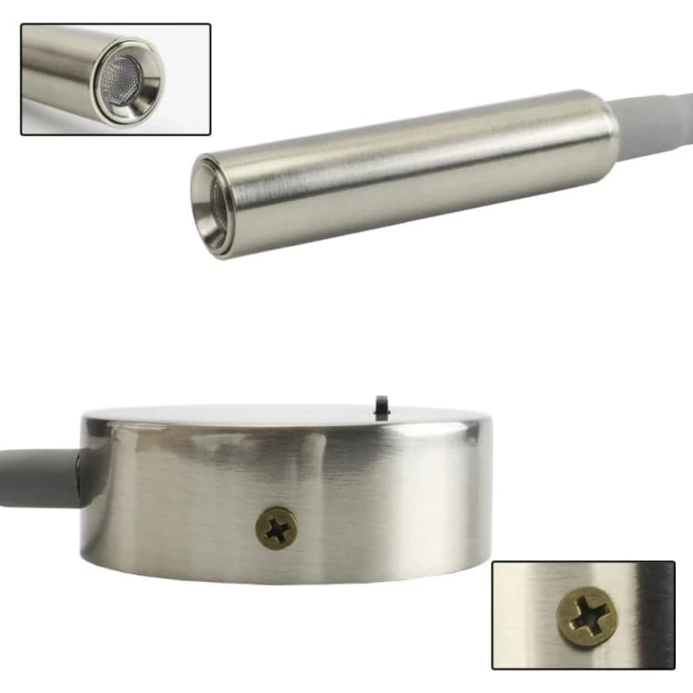 Detalhe da base e cabeça metálica prateada da arandela de parede Tokili Gooseneck com LED 3W