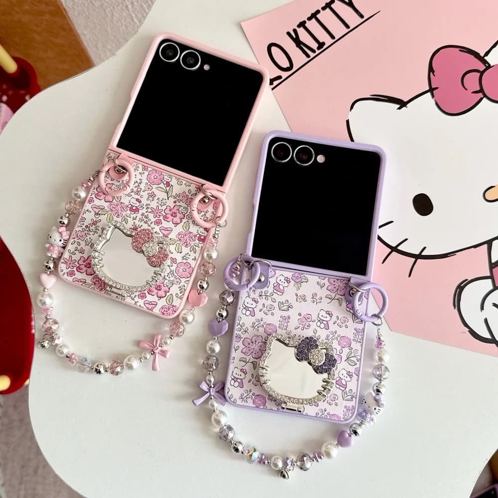 Capa de telefone Hello Kitty fofa com espelho floral para Samsung Galaxy Z Flip