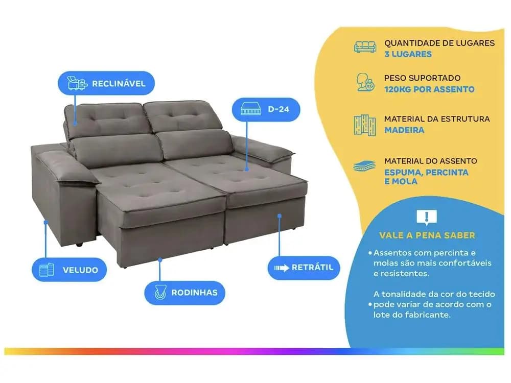 Sofá de Veludo Cinza 3 Lugares Retrátil e Reclinável