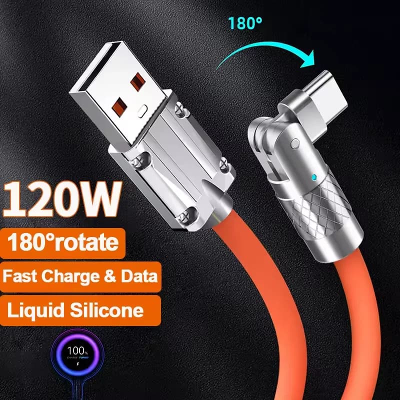 Cabo de carregamento USB tipo C 120W 7A com rotação de 180 graus, cabo elástico de silicone líquido