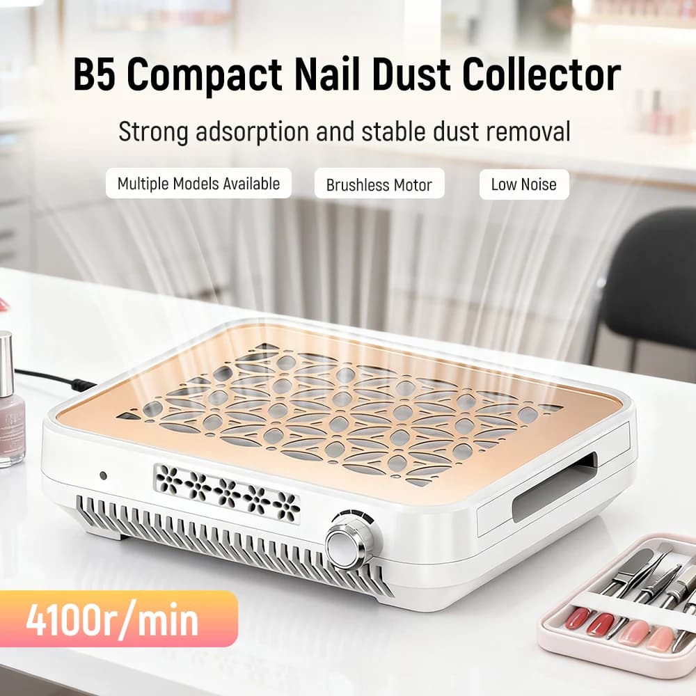 Aspirador de pó para manicure com turbina sem escova, superfície floral e controle de velocidade.