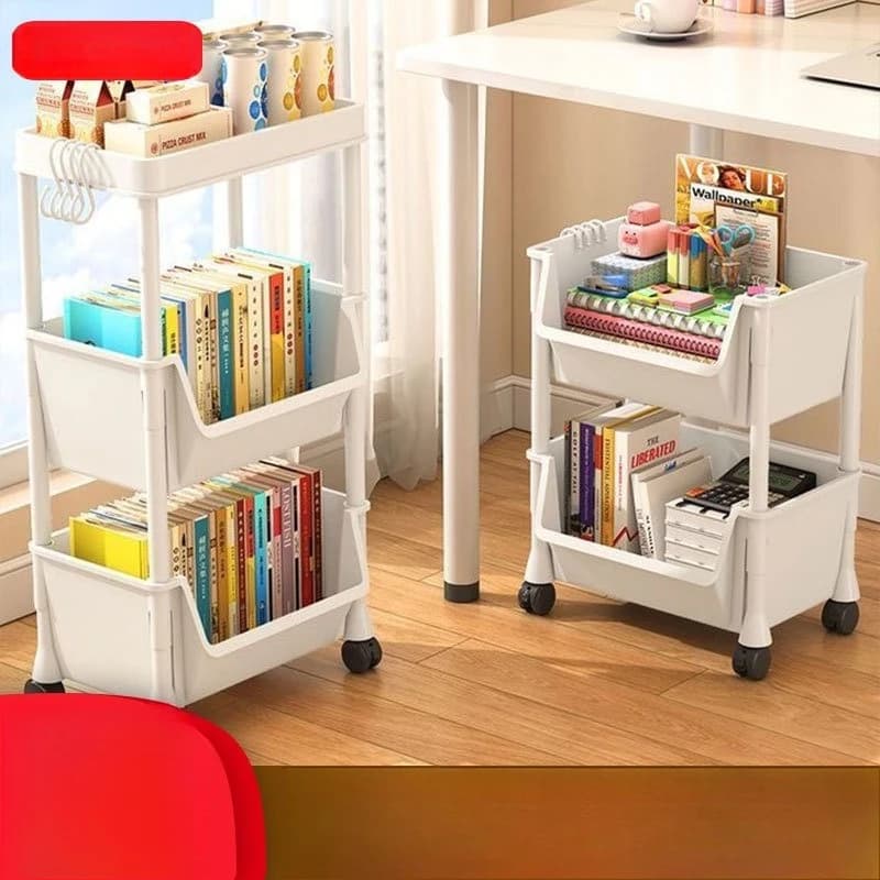 Carrinho de armazenamento móvel com várias camadas e rodas, branco, para organizar livros e revistas.