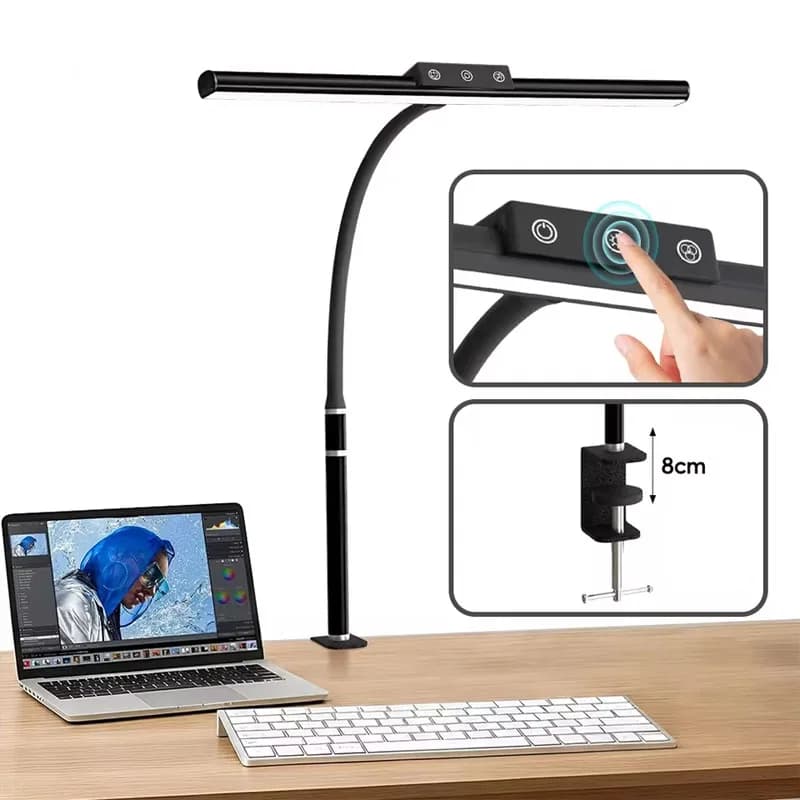 Luminária de mesa LED com clip, design flexível, haste gooseneck, ajuste de temperatura, brilho regulável e controle por toque