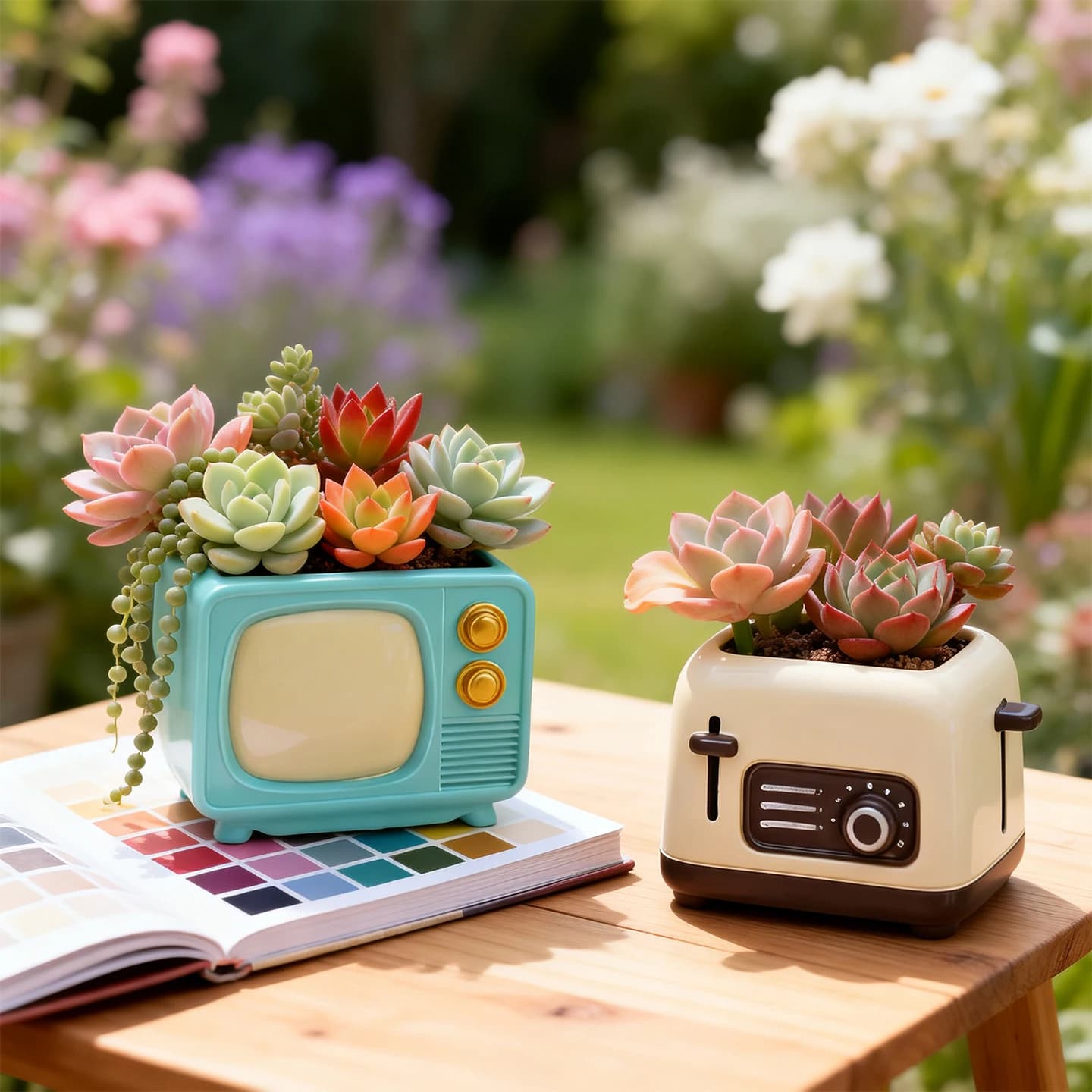 Vaso de resina vintage em forma de TV retrô com flores e suculentas em um ambiente de mesa