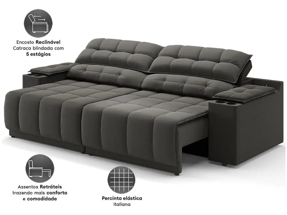 Sofá 3 lugares retrátil reclinável Next Sofás Quebec preto em velosuede com assentos confortáveis