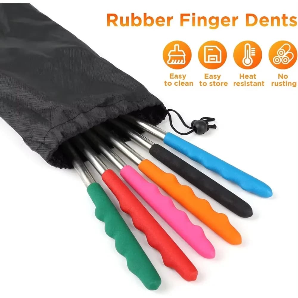 Conjunto com 6 garfos para churrasco telescópicos em aço inox com cabos coloridos antiderrapantes