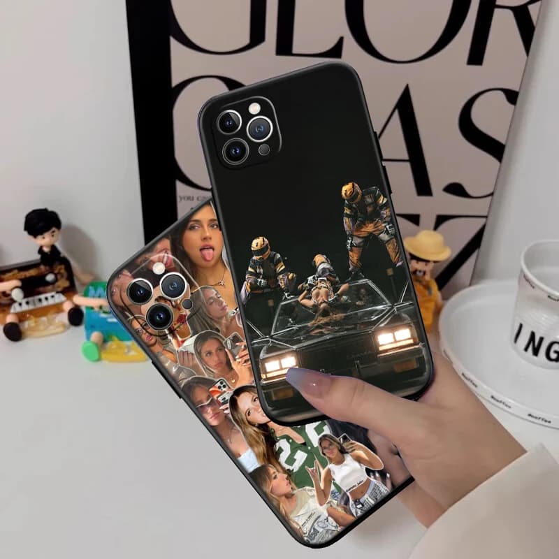 Capas para Xiaomi Poco C40 com colagem e cena de carro da cantora Tate McRae em preto